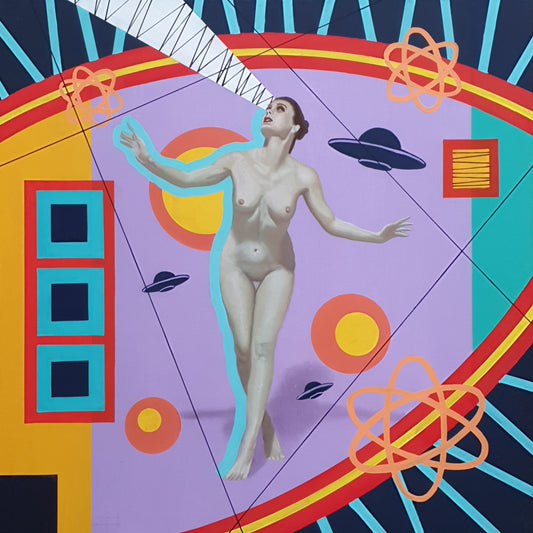 female nude gazing at aliens in the sky surrounded by spaceships in colourful geometric oil painting