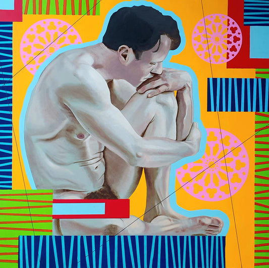 male nude sitting in contemplation in colourful geometric oil painting
