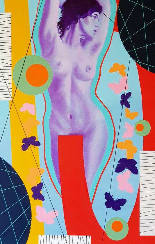female nude rebirthing surrounded by butterflies in colourful geometric oil painting