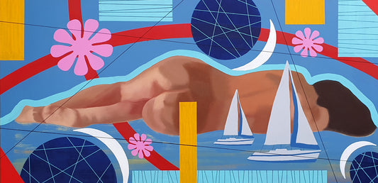 female nude lying down dreaming surrounded by flowers and yachts in colourful geometric oil painting
