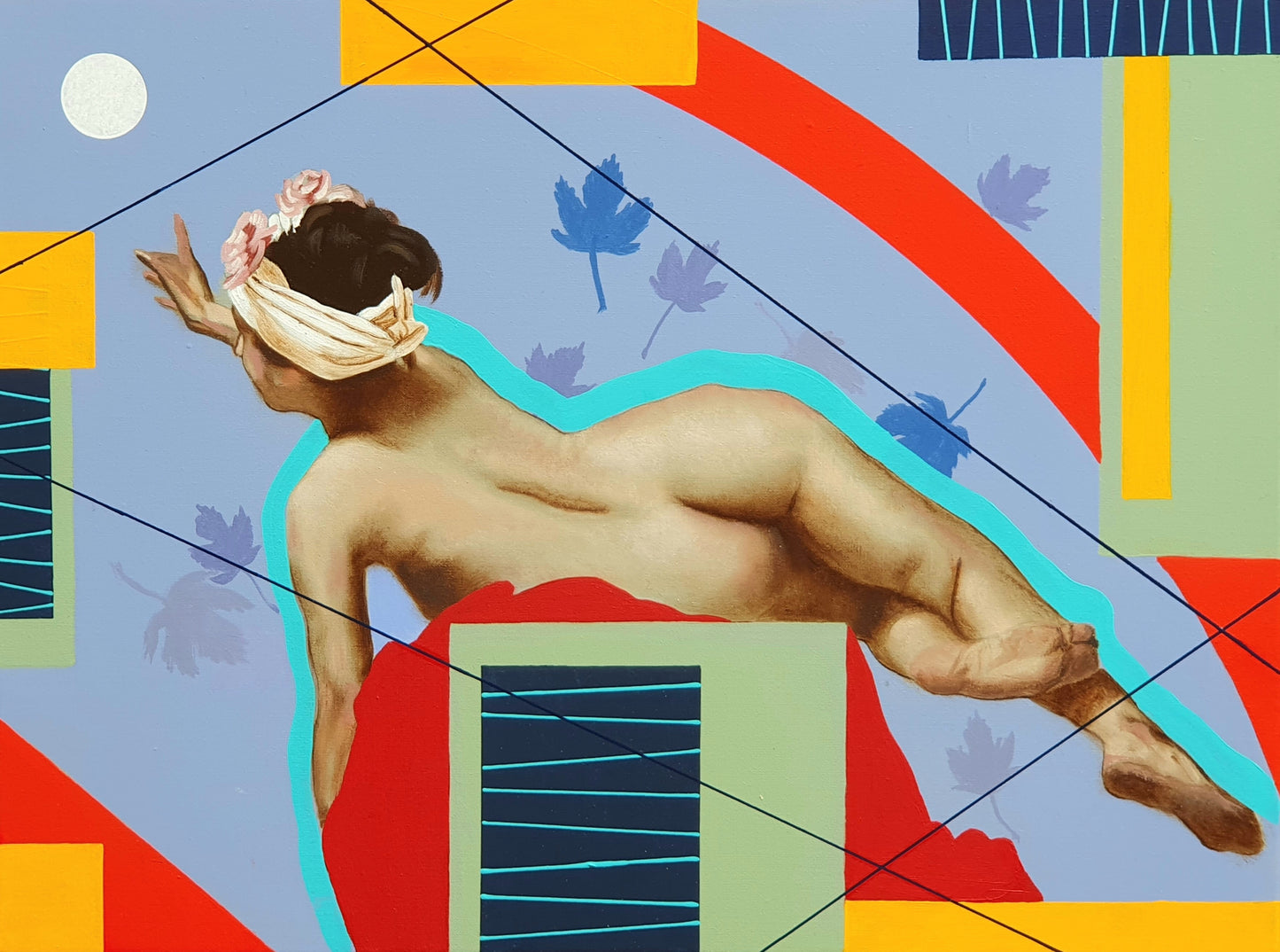 Roberto Ferri female nude reaching for the lunar moon in a colourful geometric oil painting