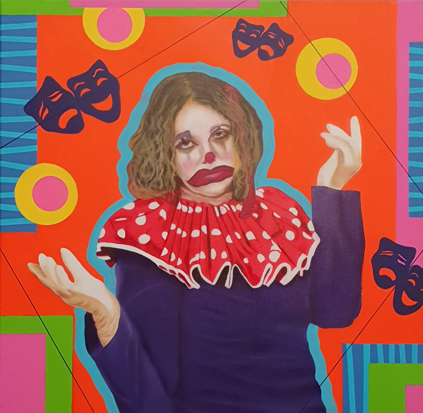 female clown portrait juggling abstract ball problems in colourful geometric oil painting