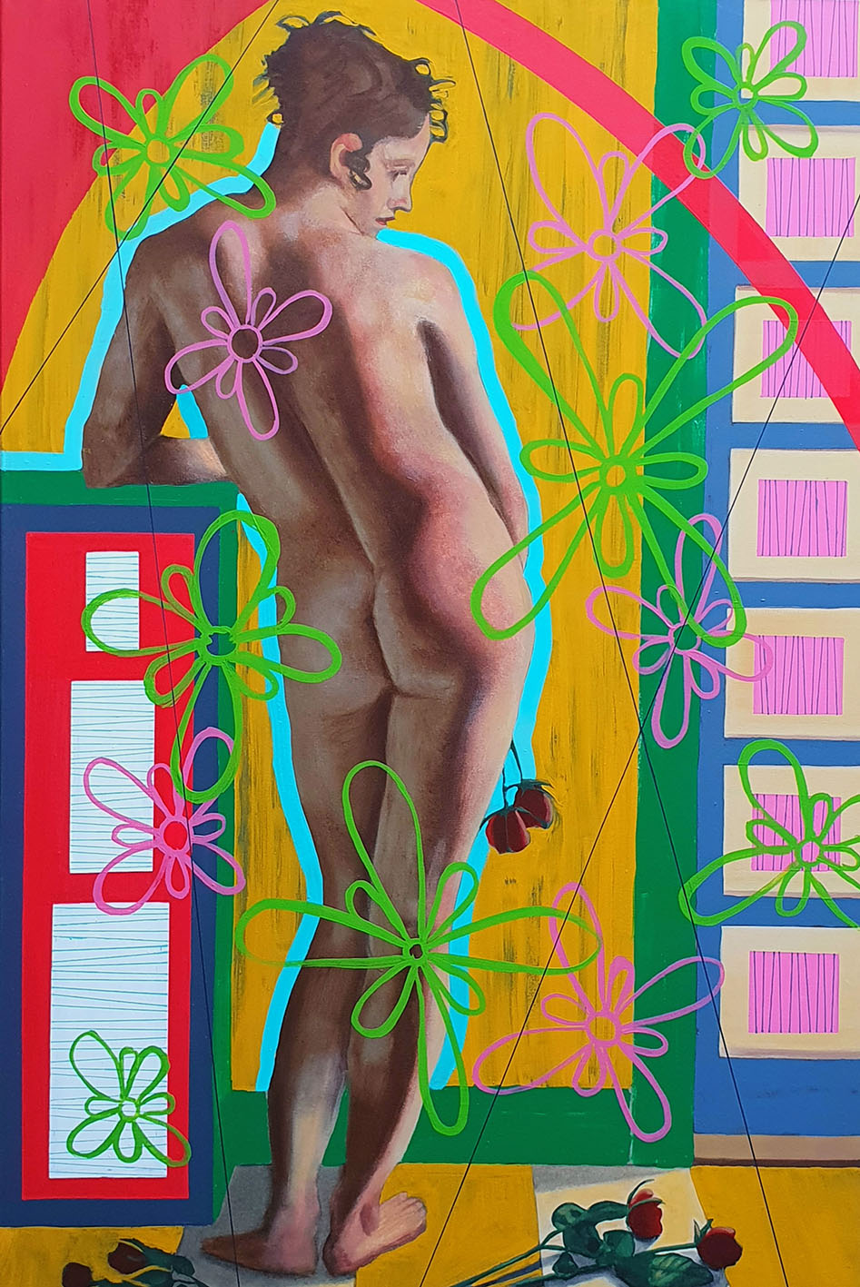 Prudhon female nude in colourful geometric oil painting