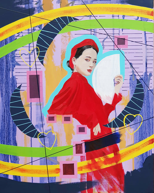 chinese female dressed in red with fan looking at viewer in a colourful geometric oil painting