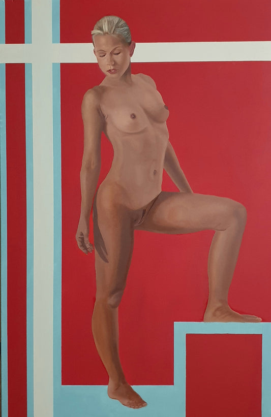 feminist female frontal nude standing gazing at the ground in colourful geometric oil painting
