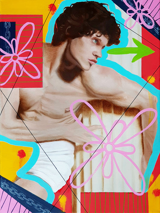 male nude hunting seeking prey in colourful geometric oil painting