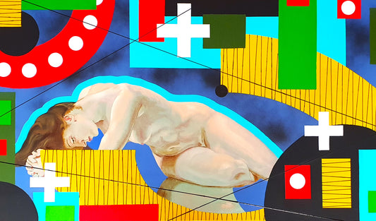 Bougeureau female nude lying down in stream in colourful geometric oil painting