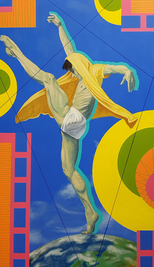 male dancer on top of the world in colourful geometric oil painting