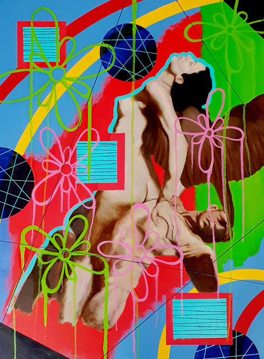 Robert Ferri nude figures angel slayer in colourful geometric oil painting