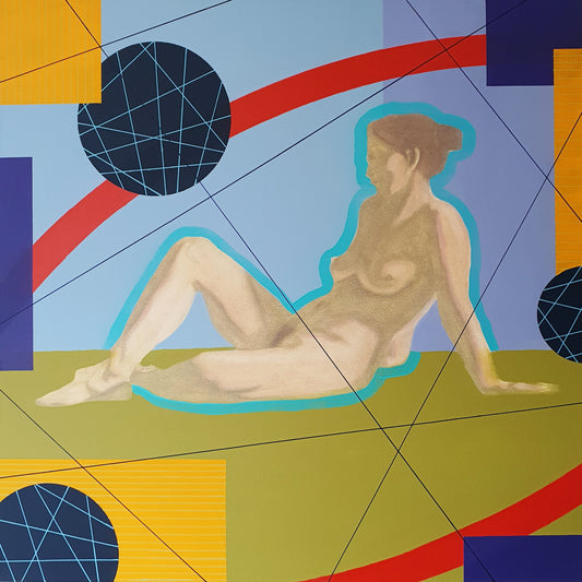 female nude resting in colourful geometric oil painting