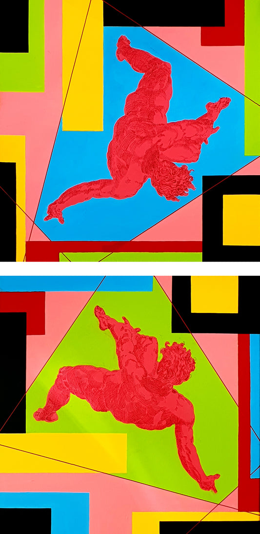 two male nude figures in diptych falling through the sky in colourful geometric oil painting