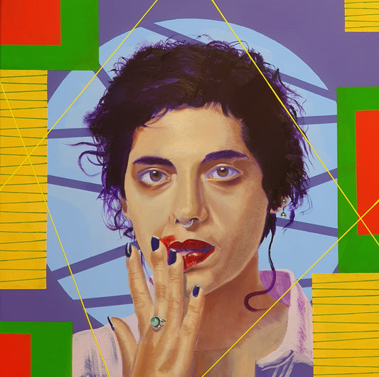 female portrait of hand smearing lips in colourful geometric oil painting
