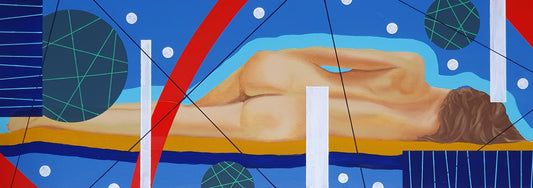 female nude sleeping dreaming of the stars in colourful geometric oil painting